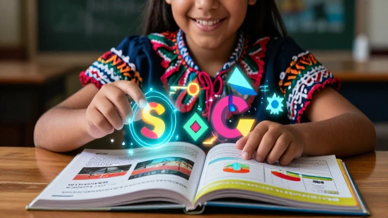 Estudiante sonriente aprende español con elementos abstractos