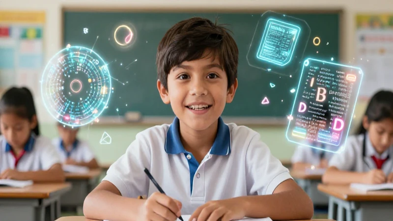 100 ejemplos de palabras que comienzan con COM 5 Niño escolar brillante con formas geométricas educativas