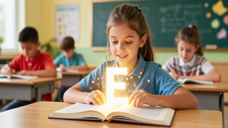 Estudiante aprende la letra E con luz dorada