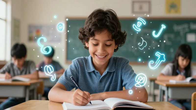 Estudiante sonriente aprende rodeado de símbolos