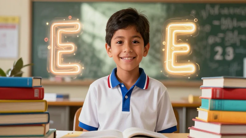 Ilustración educativa de estudiante mexicano con la E
