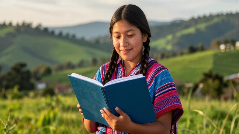 Palabras en K'iche: Conoce vocabulario y letras clave 3 Estudiante indígena feliz en naturaleza, ilustración digital vívida