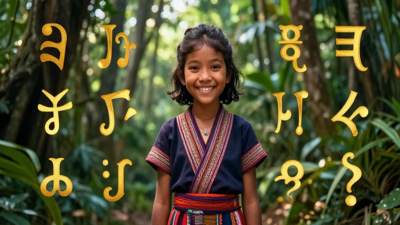 Niña Mam sonriente rodeada de símbolos dorados en la selva