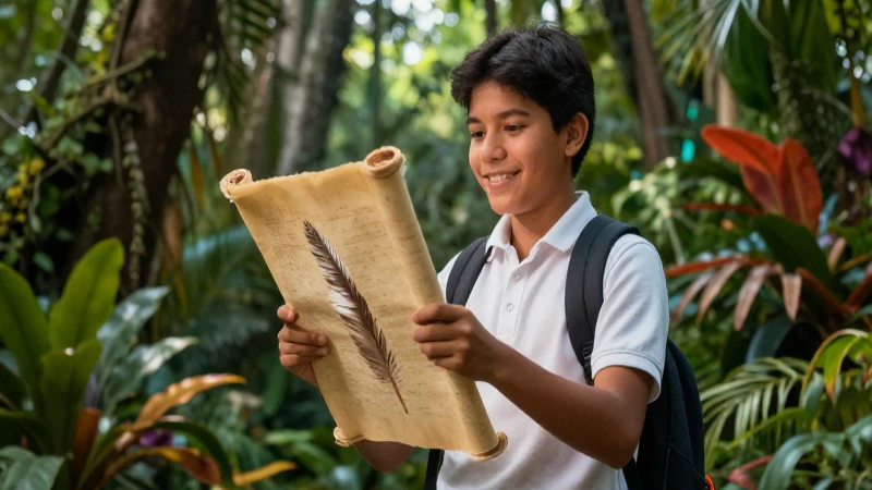 Joven mexicano estudia con pergamino en selva