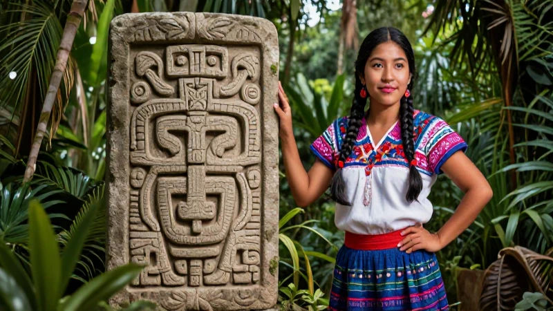 Mujer Purépecha frente a jeroglífico en Michoacán