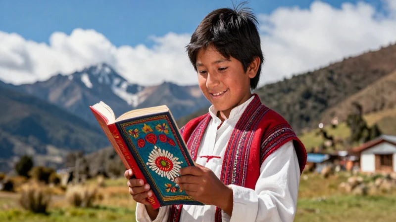 Estudiante con libro en paisaje andino