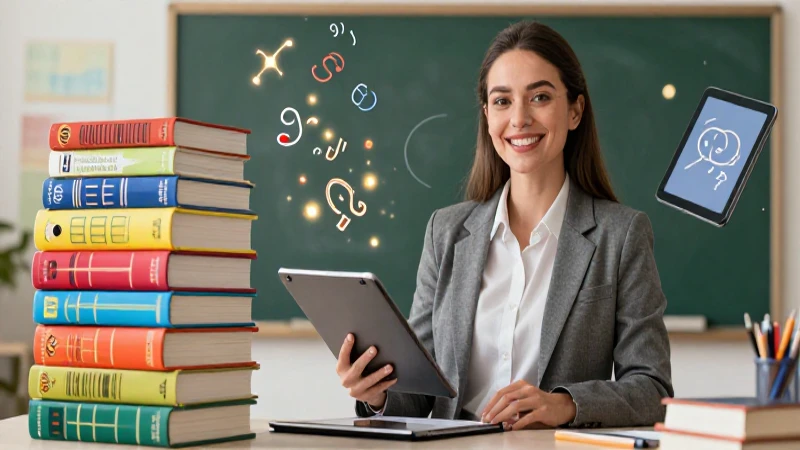 Maestra profesional con libros y conceptos vibrantes