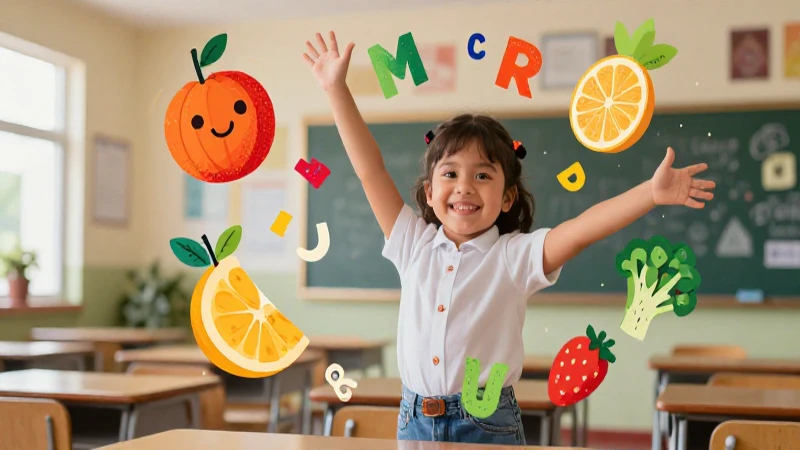 Estudiante sonriente con ilustraciones vibrantes educativas