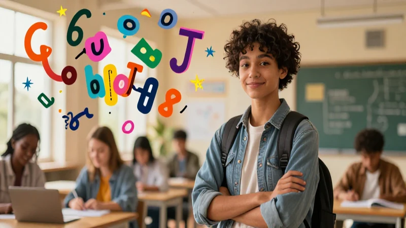 Estudiante sonriente en ambiente de aprendizaje vibrante y optimista