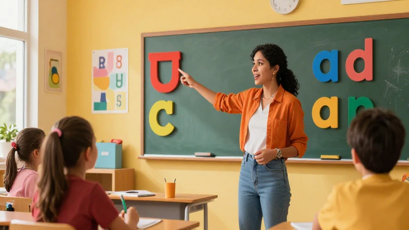 100 Ejemplos de Palabras con Gua, Gue, Gui y Oraciones 9 Maestra enseña fonética en aula vibrante