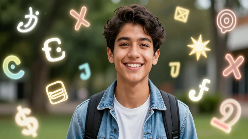 Estudiante mexicano dinámico sonríe rodeado de símbolos
