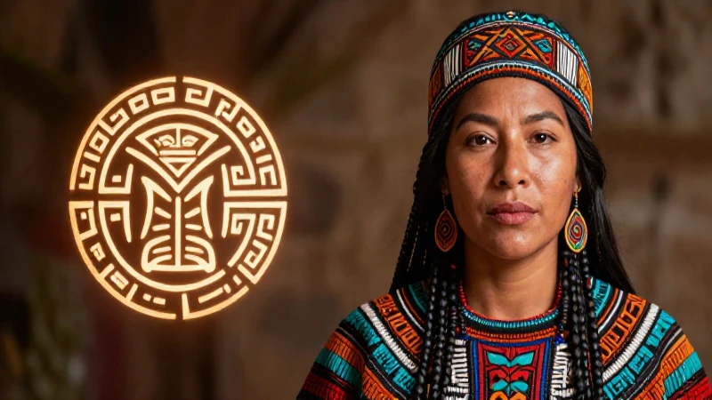 Mujer indígena vibrante con patrones tradicionales y glifos