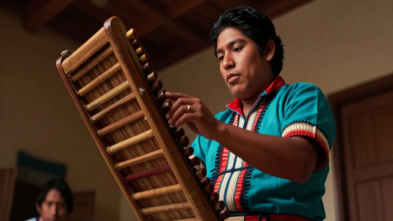 Músico indígena tocan marimba con luz dramática
