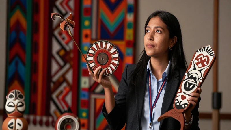 Educadora moderna con arte mapuche en tonos vibrantes