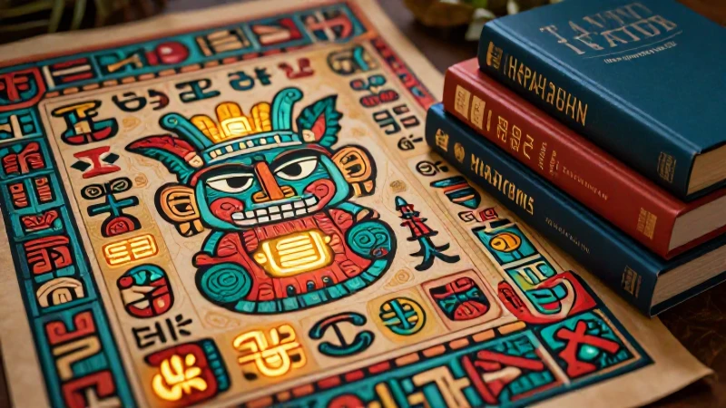 Codex azteca estilizado con libros académicos