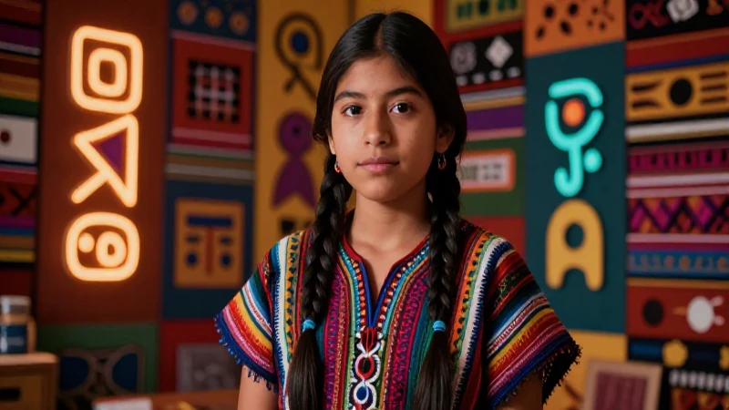 Retrato indígena vibrante en entorno moderno mexicano