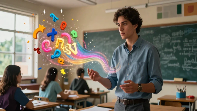Educador joven con símbolos lingüísticos abstractos en un aula vibrante