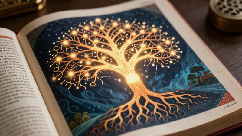50 Ejemplos de Palabras que empiezan por qui- para ti 23 Ilustración de manuscrito estilizado con un árbol de raíces luminoso