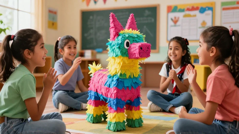 Niños mexicanos juegan alegremente con piñata en aula