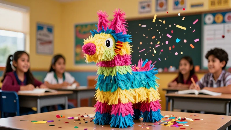 Fiesta educativa vibrante con piñata y confeti