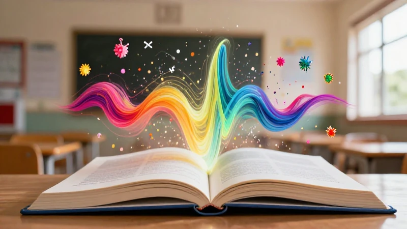 Libro abierto con piñata y ondas vibrantes