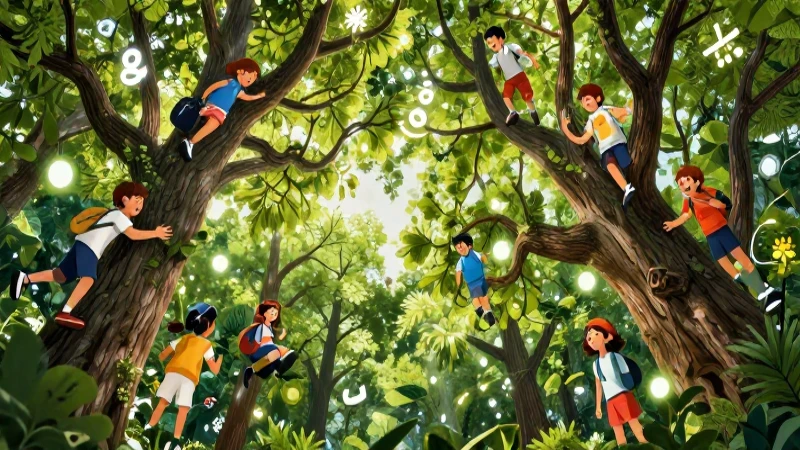 Árbol vibrante, niños felices y elementos mágicos