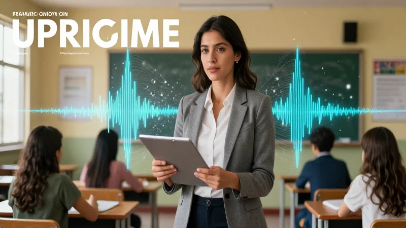 Maestra y ondas sonoras en portada educativa