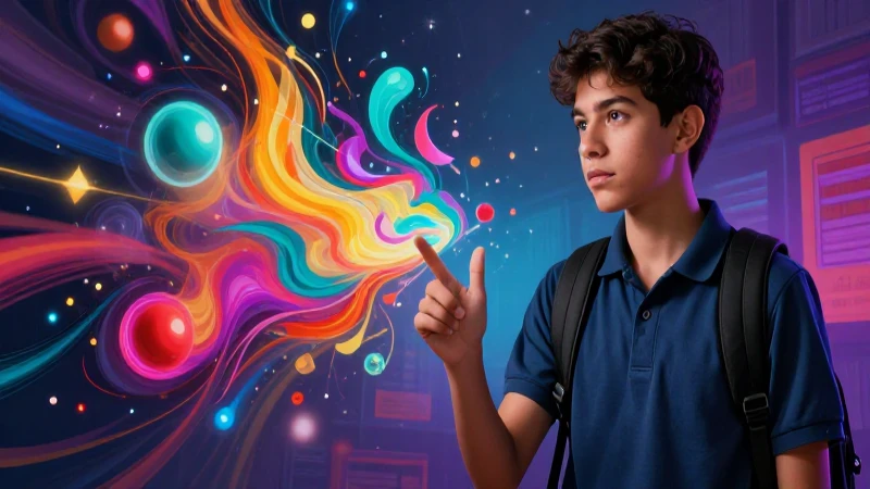 Ilustración de estudiante y conceptos lingüísticos vibrantes