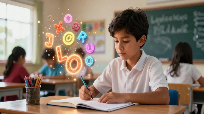 Estudiante aprende idiomas con diseño gráfico vibrante