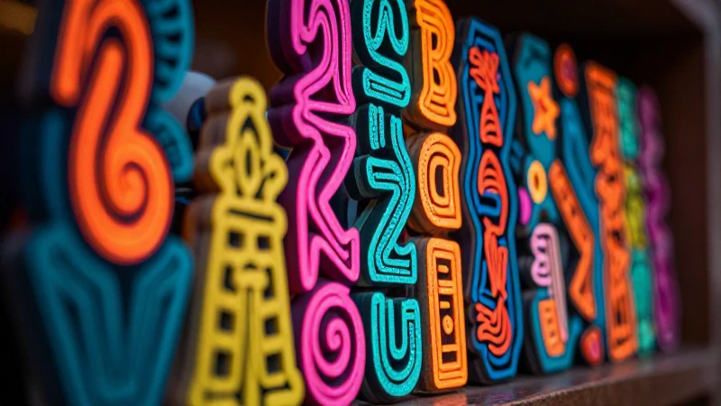 Palabras que terminen en ciones: 100 Ejemplos Clave 5 Glifos abstractos vibrantes con estética mexicana