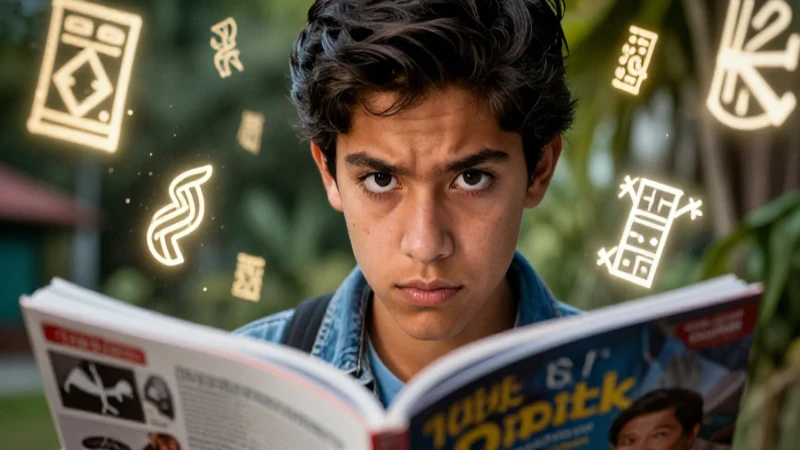 Conoces estas 30 palabras raras que te sorprenderán 5 Estudiante mexicano intenso rodeado de jeroglíficos luminosos