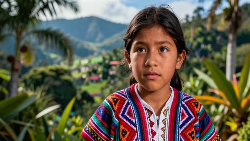 Estudiante Xinca con patrones vibrantes en paisaje tropical