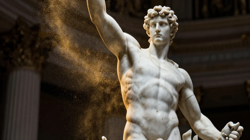 Escultura épica de atleta, estilo editorial