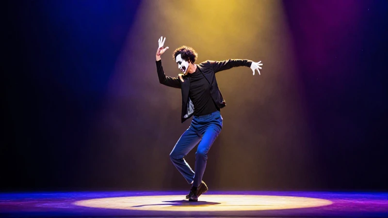 Mimo vibrante en escenario con iluminación dramática
