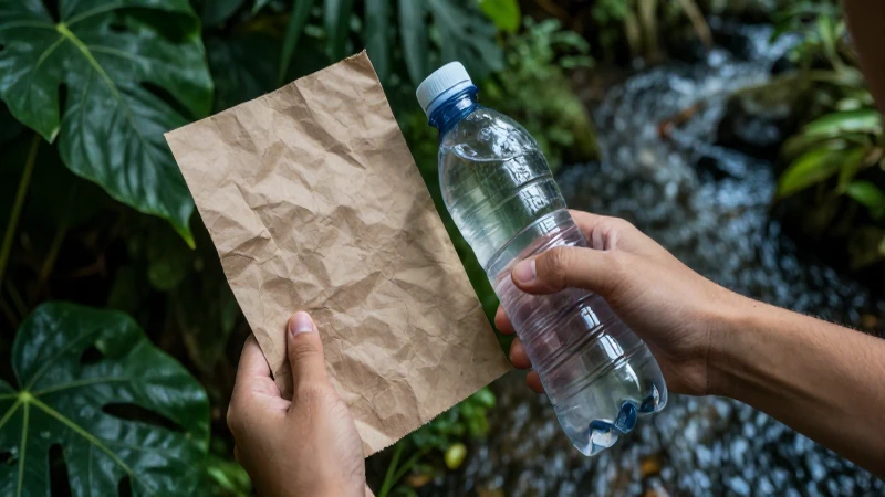 Manos contrastan reciclaje y plástico en entorno ambiental