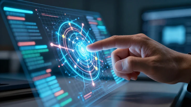 Mano interactúa con datos holográficos vibrantes