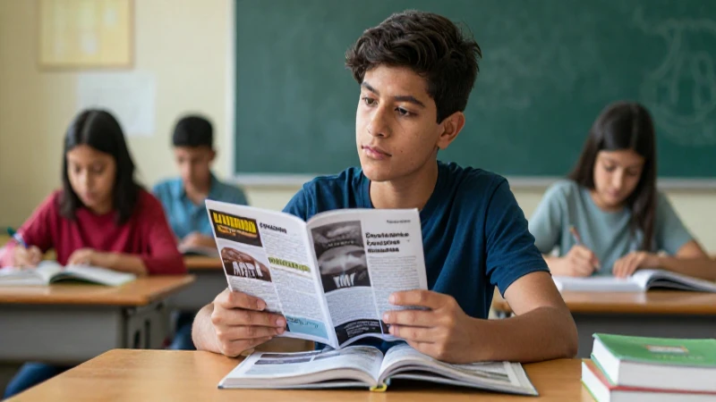 Estudiante mexicano reflexiona sobre libros en aula moderna