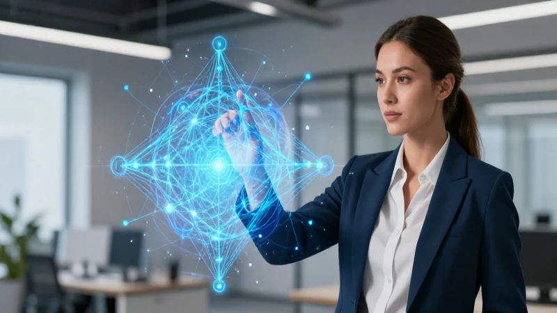 Mujer profesional interactúa con estructuras holográficas de datos