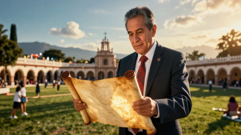 Mentor, pergamino, paisaje mexicano vibrante y épico
