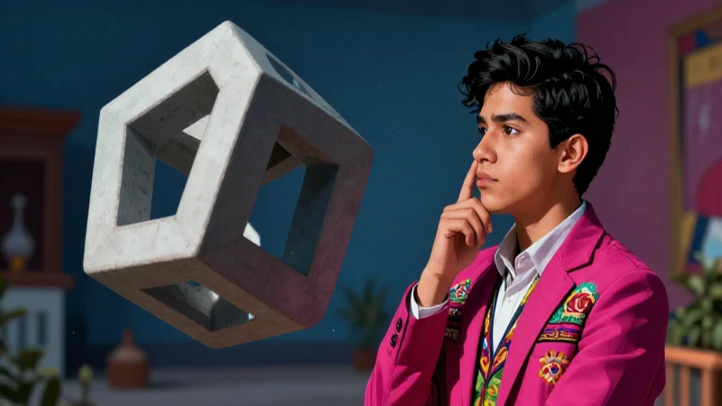 Paradojas: Concepto, definición y ejemplos impactantes 4 Joven reflexiona ante geometría abstracta vibrante