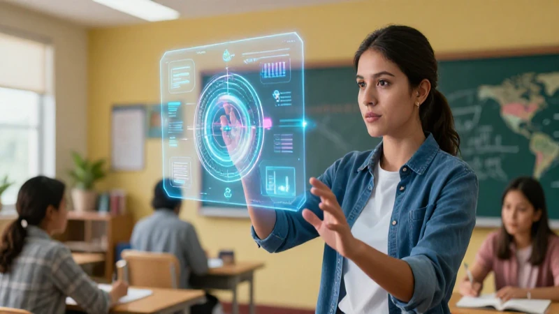 Joven educador mexicano con modelo holográfico en aula moderna
