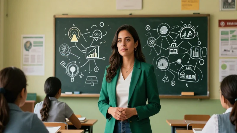 Educadora en un aula moderna y vibrante