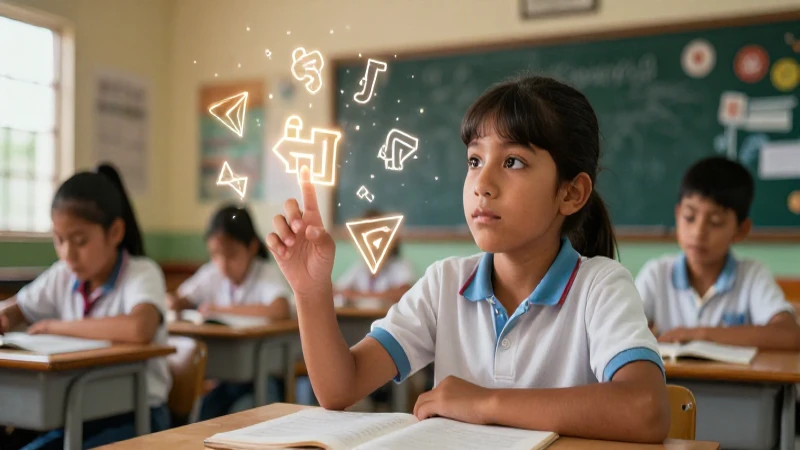 Estudiante aprende con símbolos geométricos brillantes