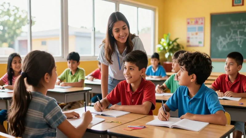 Aula mexicana vibrante con estudiantes colaborando feliz
