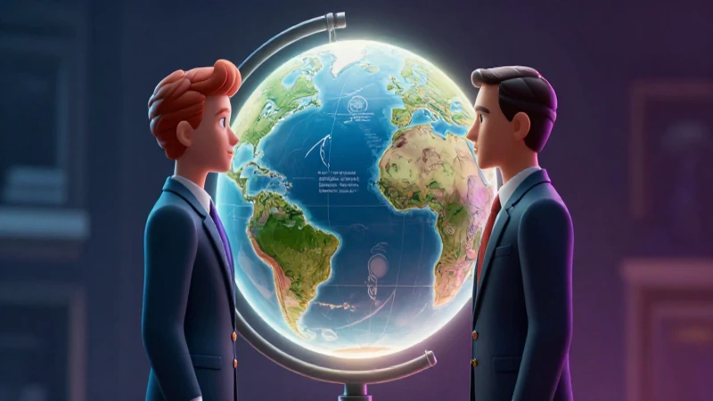 Figuras políticas estilizadas ante un globo global