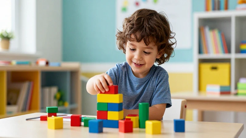 Niño feliz jugando con bloques educativos