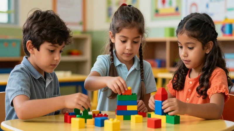 Niños jugando con bloques en aula mexicana vibrante