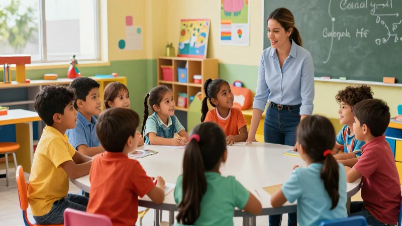 Niños mexicanos aprendiendo con una educadora en un ambiente vibrante
