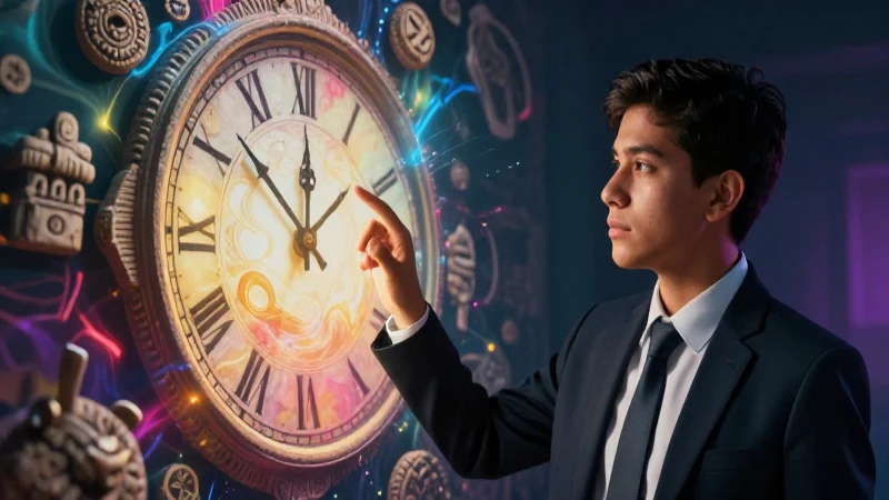Pasado: Definición y Concepto del Tiempo Histórico 4 Joven mexicano interactúa con tiempo abstracto