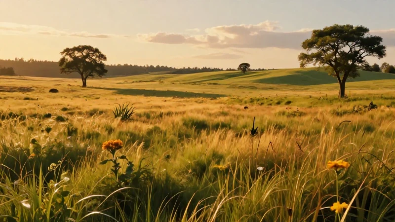 Paisaje de pradera vibrante con luz de atardecer
